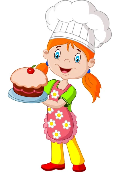 Cartone animato bambina tenendo torta — Vettoriale Stock