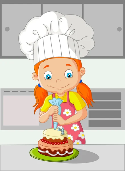 Карикатурная маленькая девочка готовит торт — стоковый вектор