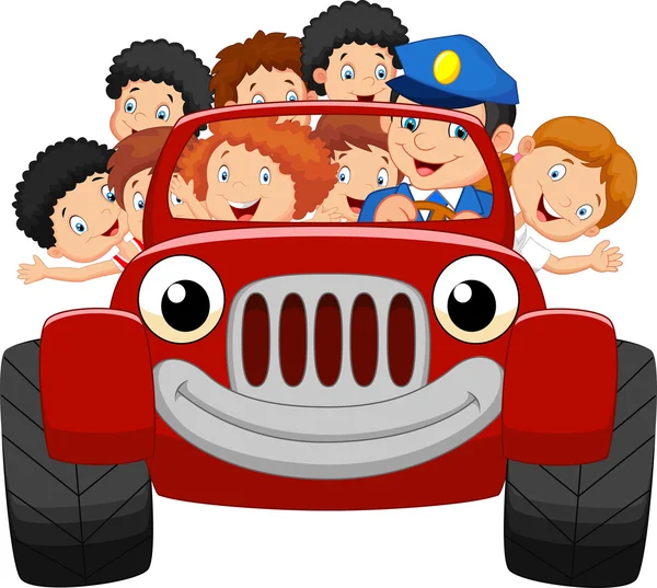 Cartoon little kid happy with red car — 图库矢量图片