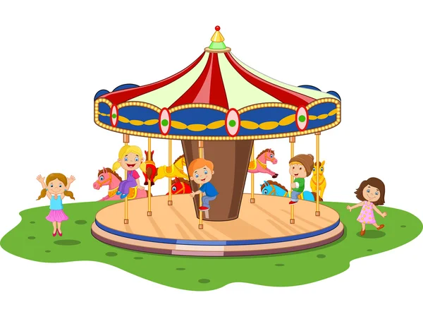 Dibujos animados niño pequeño juego carrusel con caballos de colores — Vector de stock