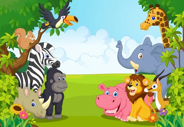 Animales de colección de dibujos animados en la selva — Vector de stock