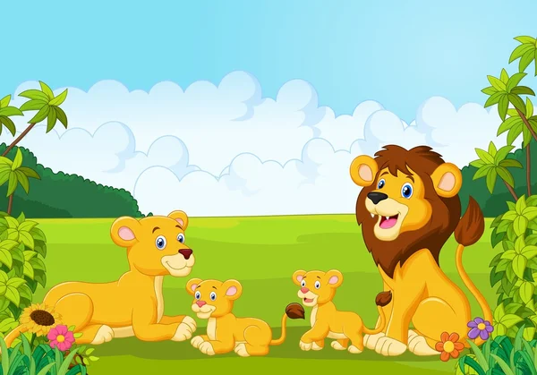Cartone animato famiglia leone felice nella giungla — Vettoriale Stock