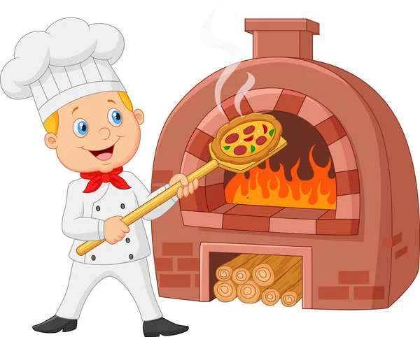 Cartoon chef holding hot pizza with traditional oven — Stock Vector