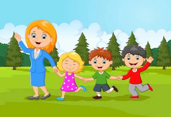 जंगल में कार्टून खुश परिवार — स्टॉक वेक्टर