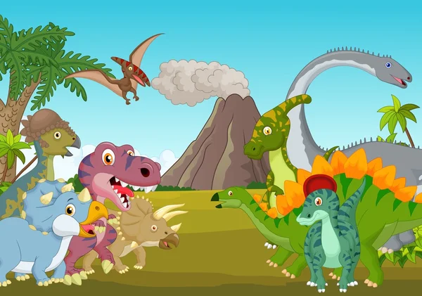 Cartoon group of dinosaur with mountain — Stok Vektör