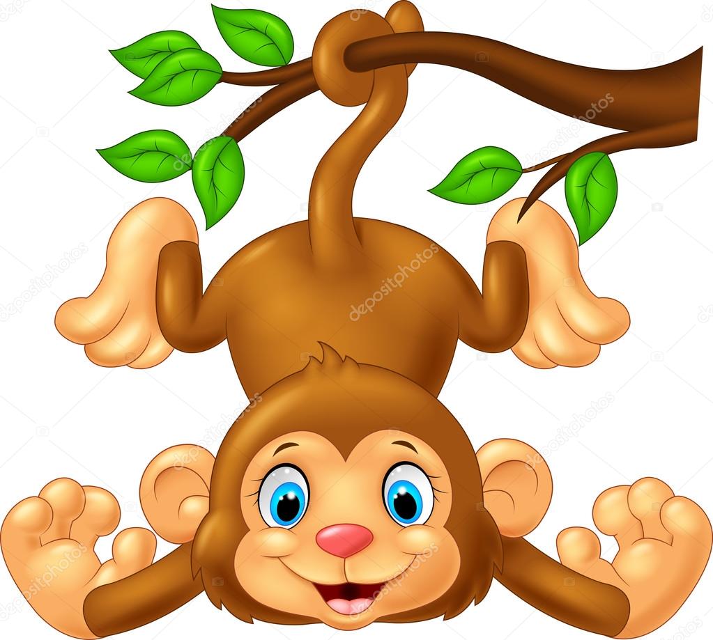 Cartoon cute monkey hanging on tree branch