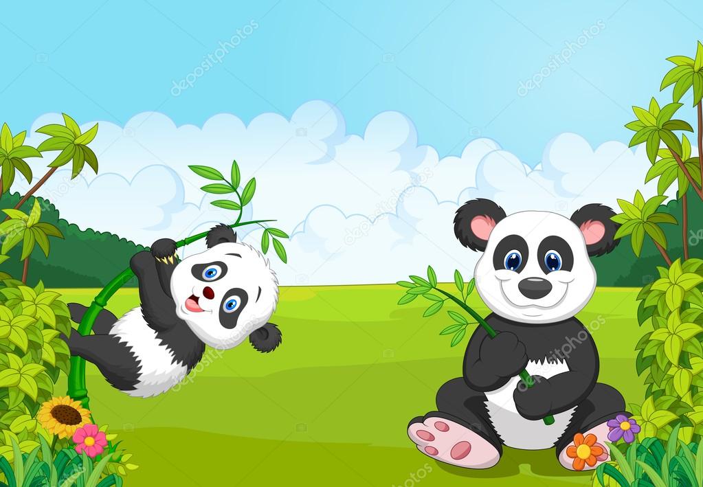 Cartoon mom and baby panda climbing bamboo tree Stock Vector Image by  ©tigatelu #75195007