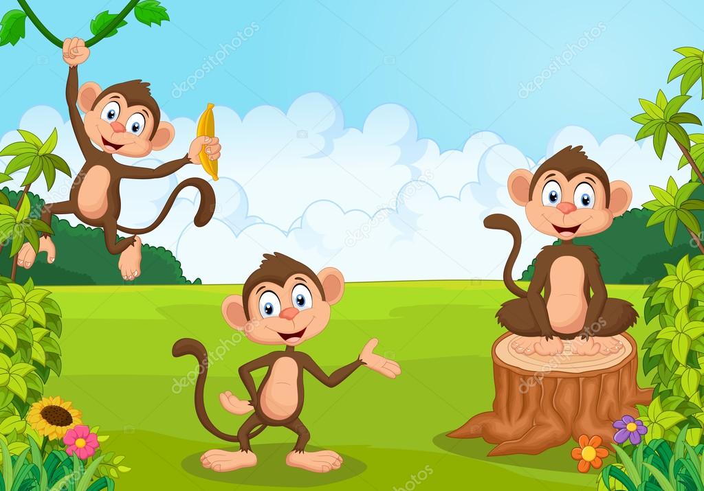 Cartoon monkey playing in the forest