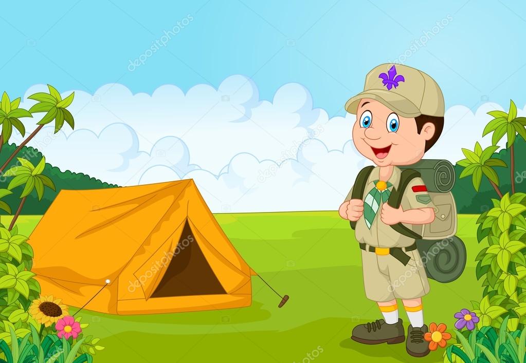 Cartoon little boy scout with tent
