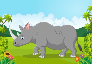 Cartoon happy rhinoceros in the jungle