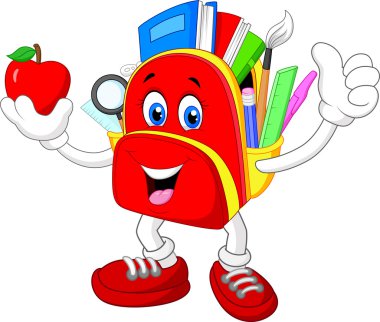 Happy bag cartoon giving thumb up with apple