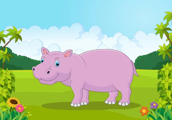 Mignon dessin animé hippopotame dans la jungle — Image vectorielle