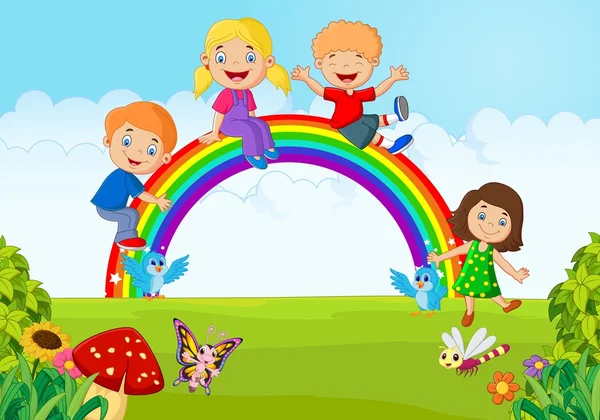 Dibujos animados Niños felices sentados en el arco iris en el bosque — Archivo Imágenes Vectoriales