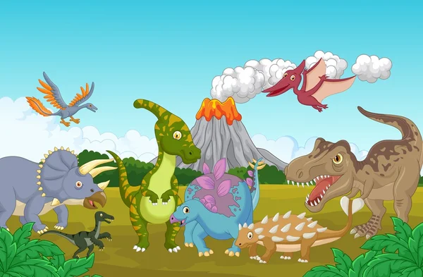 Dessin animé Collection dinosaure dans la jungle — Image vectorielle