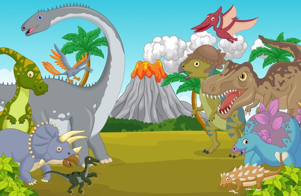 Cartoon dinosaur character with volcano