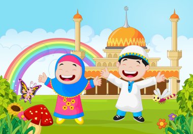 Çizgi film mutlu küçük çocuk gökkuşağı ile