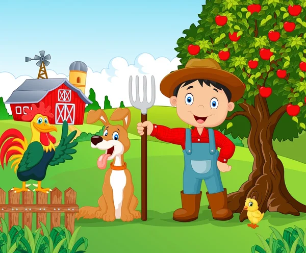 Cartoon little boy and dog in the farm — Stock Vector