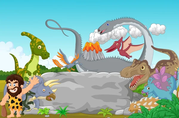 Cartoon samling dinosaurie med grottman vinka — Stock vektor