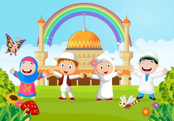 Cartoon gelukkig kind moslim met regenboog — Stockvector