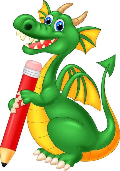 Dibujos animados lindo dragón sosteniendo lápiz rojo — Vector de stock