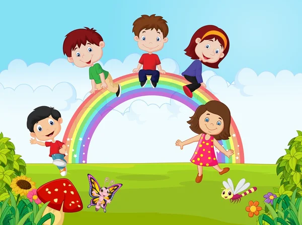 Cartoni animati bambini felici seduti su arcobaleno sulla giungla — Vettoriale Stock