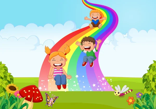 Cartoon little kids playing slide rainbow in the jungle — Stock Vector