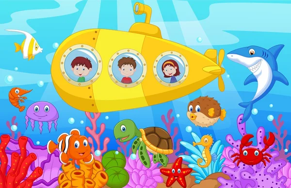 Dibujos animados de niños felices en el submarino en el mar — Vector de stock