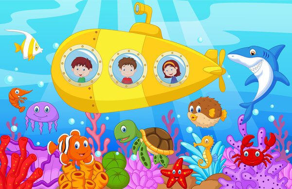 Happy kids cartoon in submarine on the sea