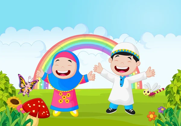 Feliz niño musulmán de dibujos animados agitando la mano con arco iris — Vector de stock