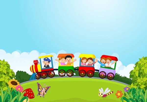 Desenhos animados crianças felizes em um trem colorido —  Vetores de Stock