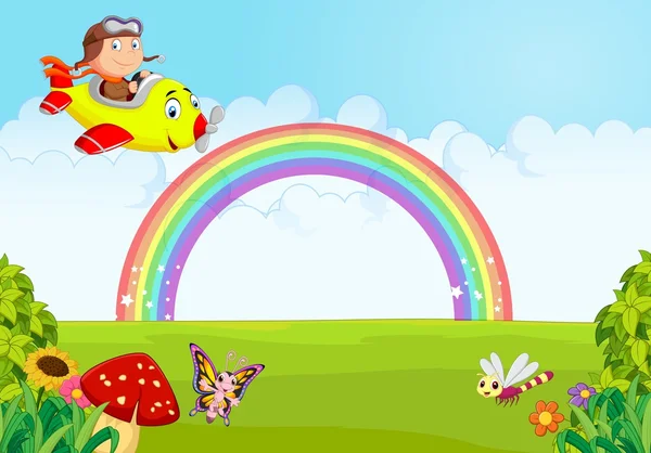 Cartoon lilla pojke bedriver ett plan med rainbow — Stock vektor