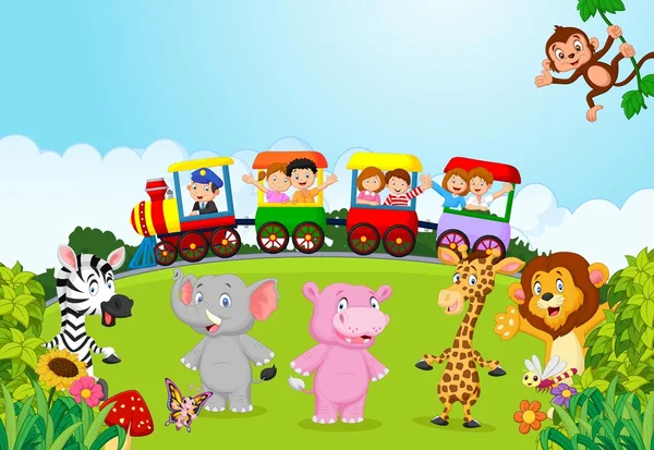 Happy cartoon enfants sur un train coloré avec des animaux — Image vectorielle