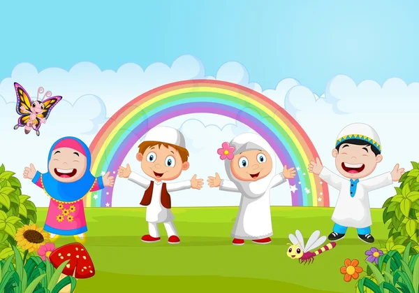 Happy little kid cartoon with rainbow — Stock Vector