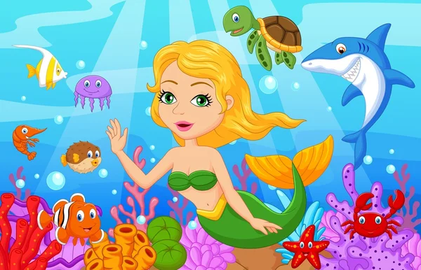 魚コレクション セットとかわいい人魚漫画 — ストックベクタ