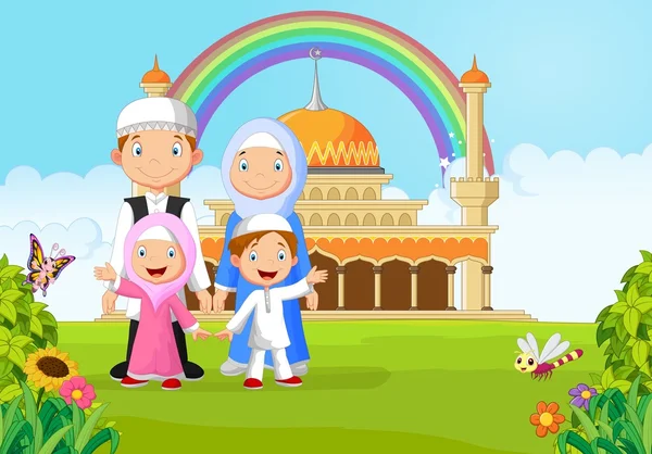 Cartoon happy Muslim family with rainbow — Stock Vector