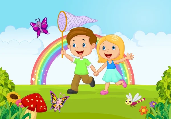 Desenhos animados crianças pegando borboleta na selva —  Vetores de Stock