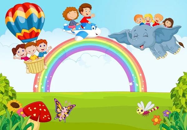 Dibujos animados niño en el arco iris — Vector de stock