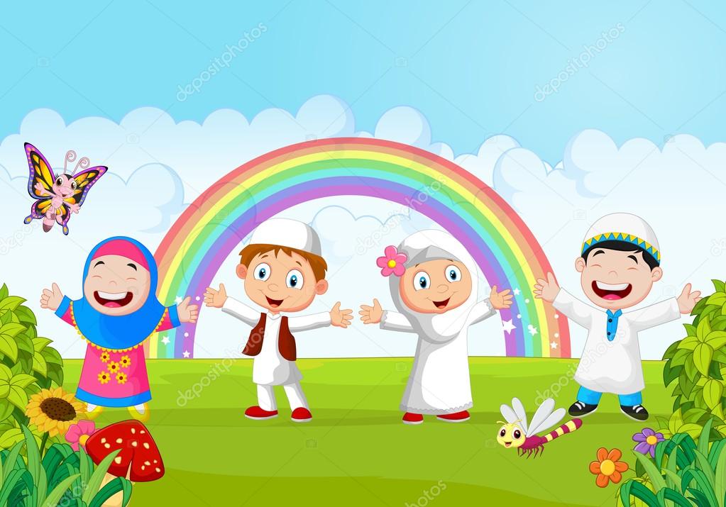Happy little kid cartoon with rainbow