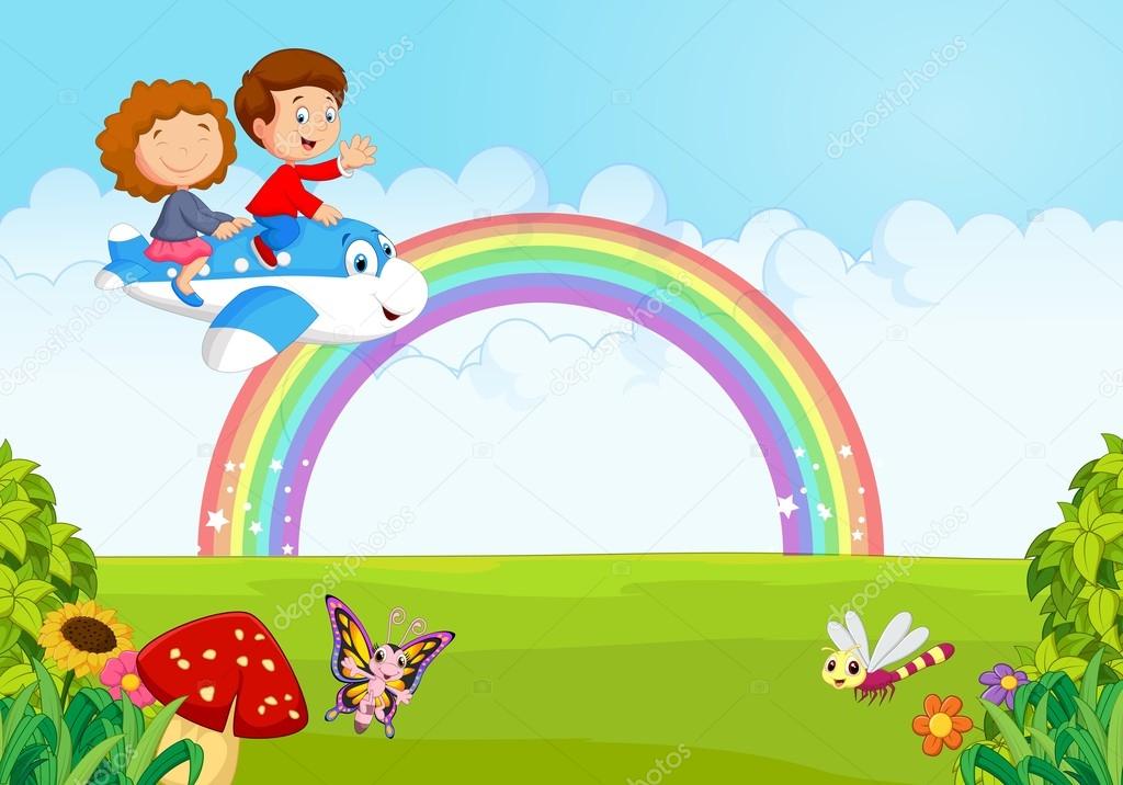 Cartoon Little kid Operating a Plane with rainbow