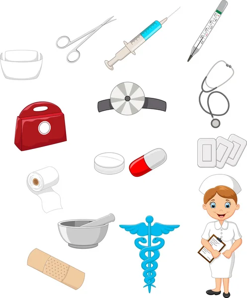 Cartoon collectie van medische hulpmiddelen met verpleegkundige — Stockvector