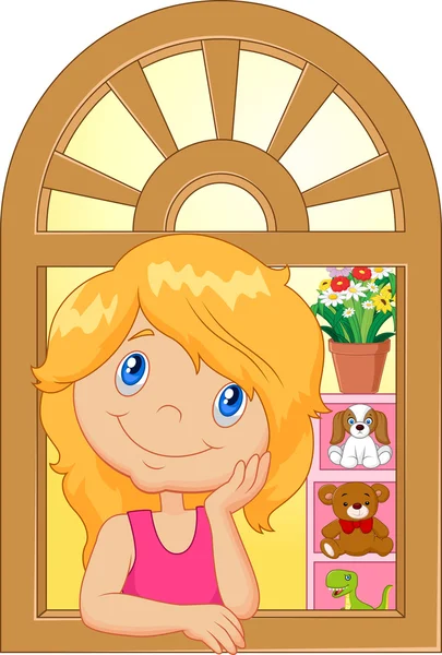 Cartoon klein meisje glimlachen en kijken uit het raam — Stockvector