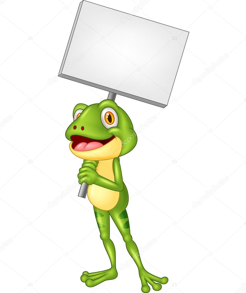 Cartoon adorable frog holding blank sign
