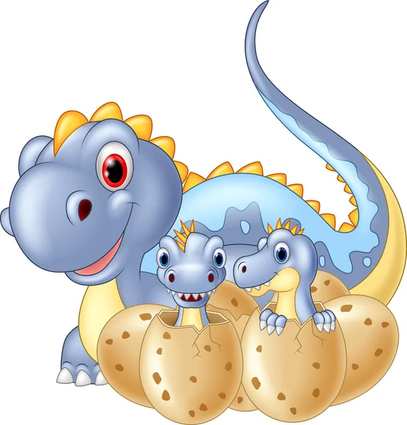 Happy mother dinosaur with baby dinosaur hatching — Stock Vector