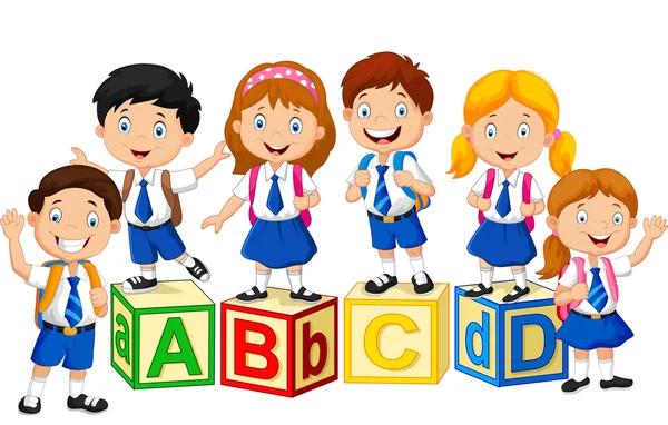 Glückliche Schulkinder mit Alphabet-Block — Stockvektor