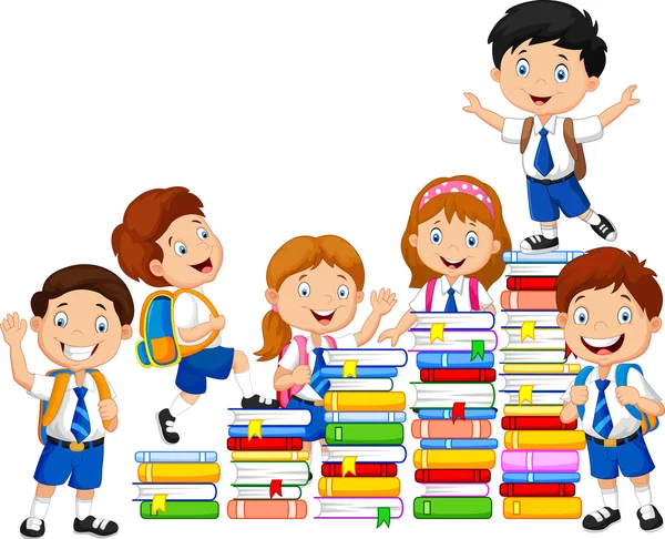 Happy schoolkids brincando com pilha de livros — Vetor de Stock