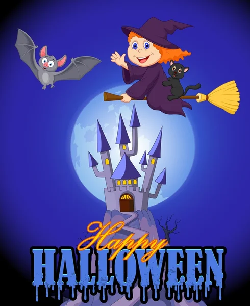 Fondo de Halloween con pequeña bruja y murciélago volando sobre el castillo — Vector de stock