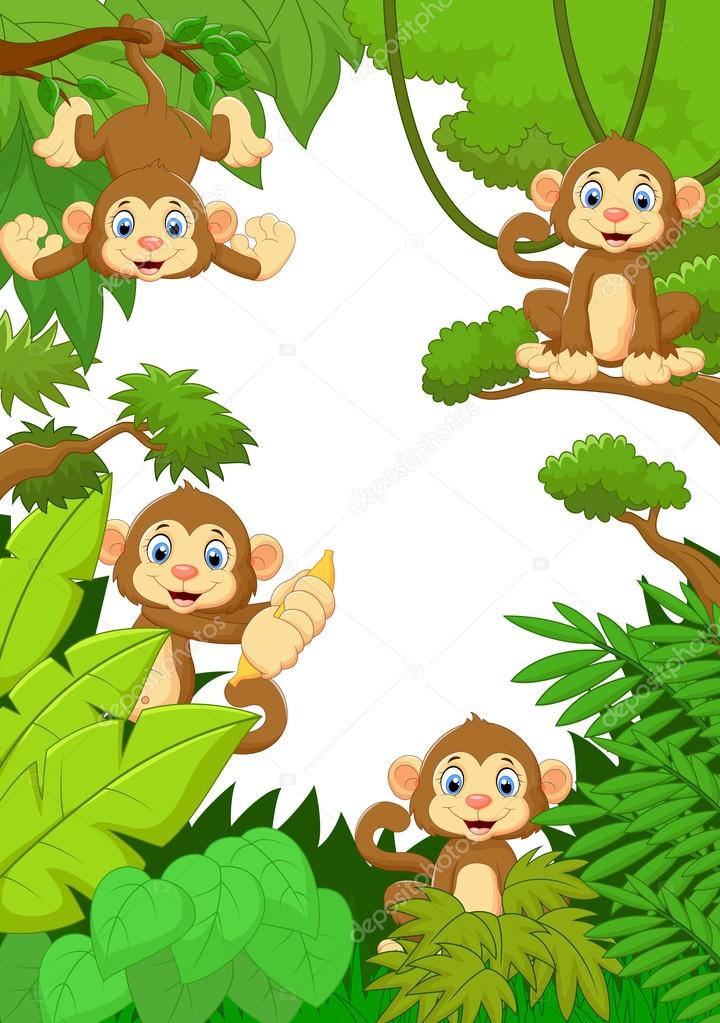 Cartoon happy monkey in the forest