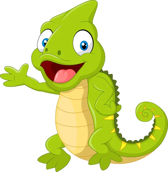 Cartoon green chameleon waving hand isolated on white background — Stock Vector