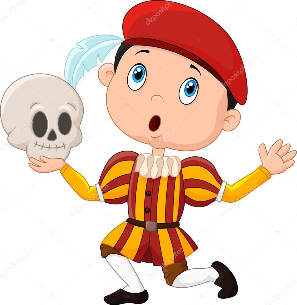 Little boy playing Hamlet in a school play, holding a skull