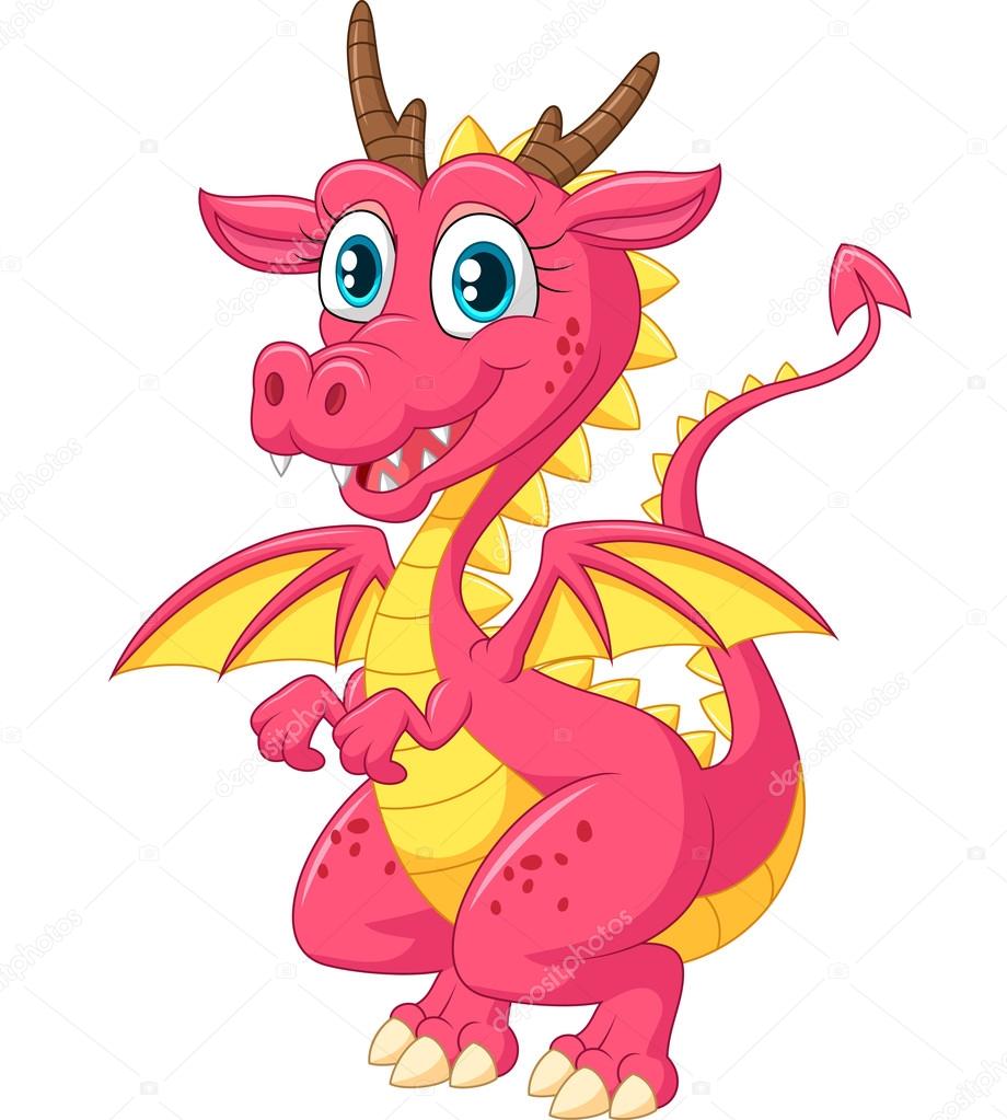 Cartoon funny pink dragon isolated on white background